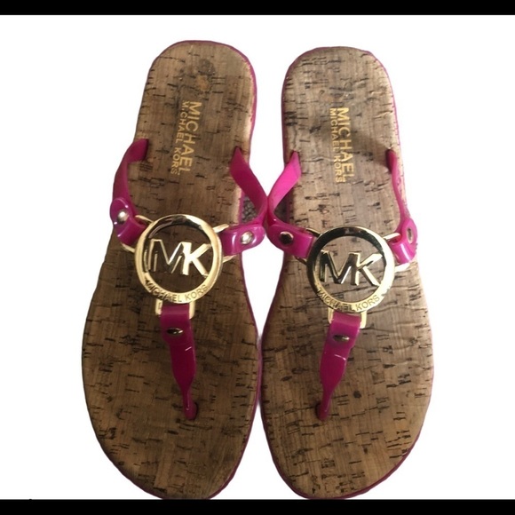 MK Michael KORS Cork Flat Thong Sandals MK Logo Jelly PVC Sz. 7 Gold Hardware - Picture 1 of 7
